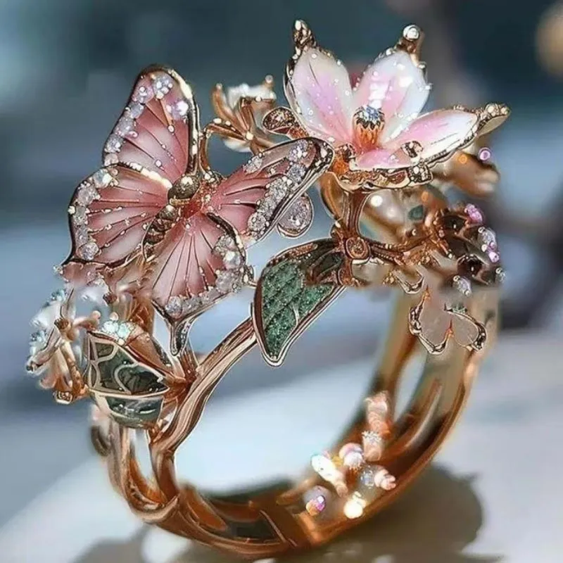 INS Flower Butterfly Ring With Rhinestones And Oil Dropping Design Fashion Personalized Jewelry For Women - Image 3