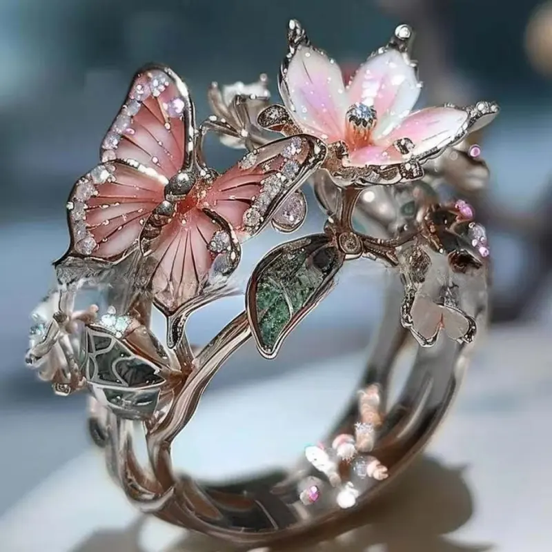 INS Flower Butterfly Ring With Rhinestones And Oil Dropping Design Fashion Personalized Jewelry For Women - Image 2
